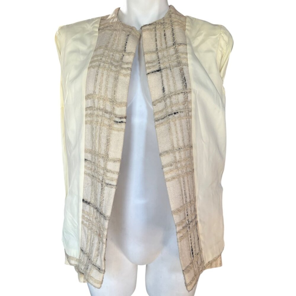I Magnin & Co Cream & Black Plaid Wool Womens Tweed Blazer Jacket With Front Poc - Picture 7 of 9